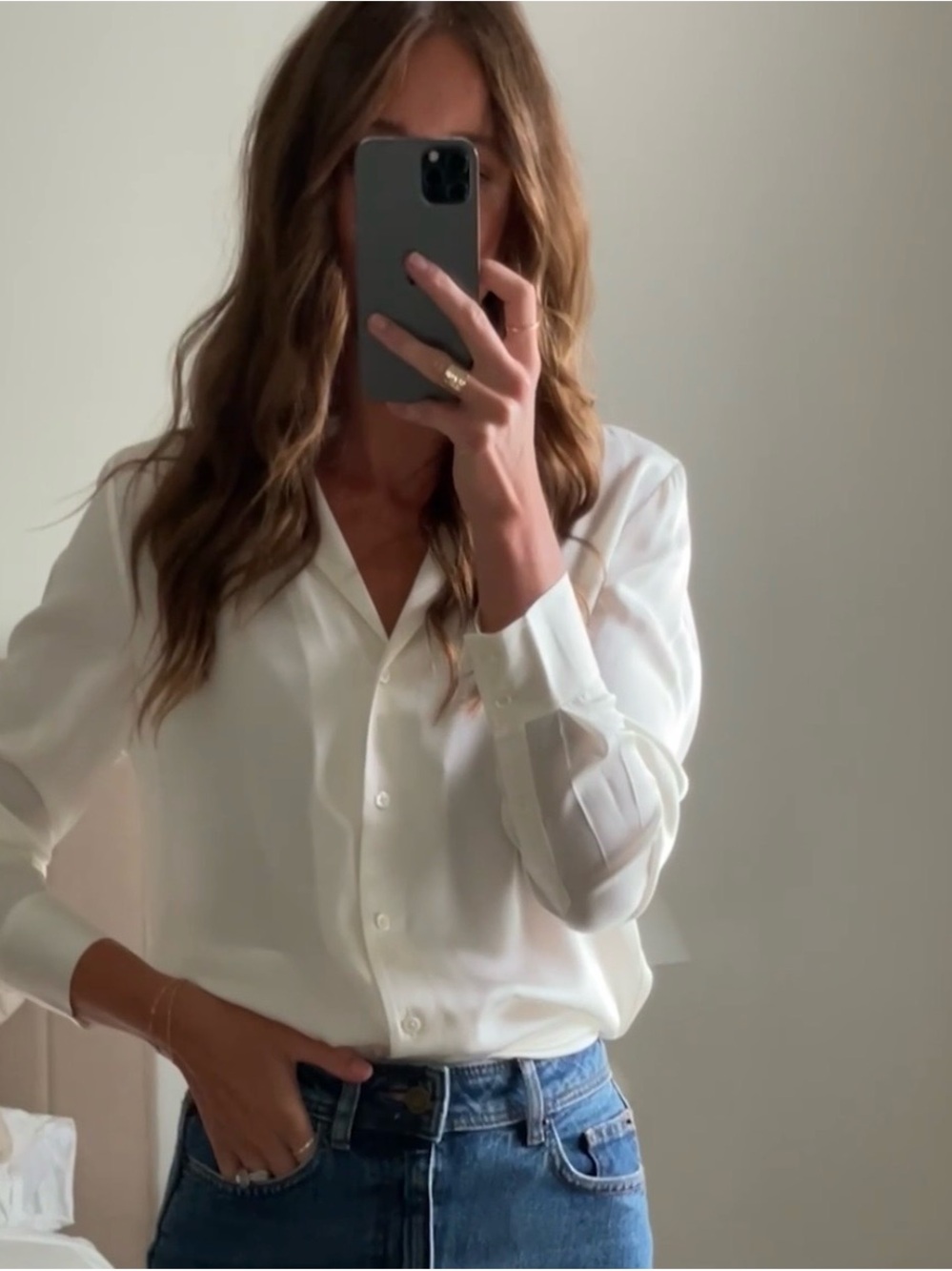 Quince White V-Neck Silk-Like Button Blouse